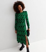 New Look Green Abstract Print Crew Neck Long Sleeve Midi Dress